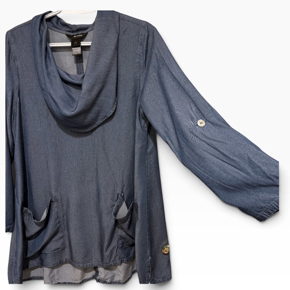 Ali Miles Chambray Oversized Tunic Cowl Roll Tab S Lagenlook Artsy Minimalist